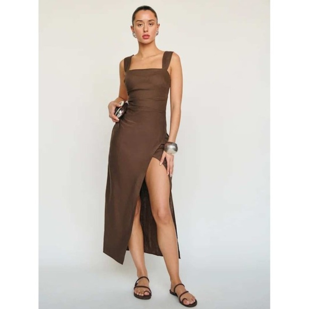 NWT Reformation Clement Linen Midi Dress Chocolate Cake - Size 8 - Picture 3 of 15